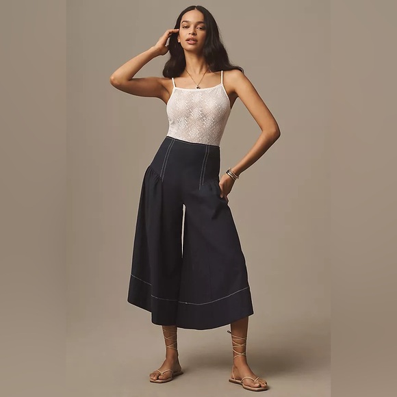 NWT Anthropologie Linen Extended-Waist Pants Navy, Size 14 - Picture 2 of 13